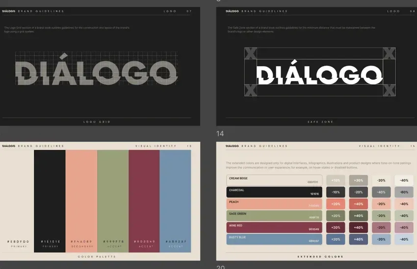 Dialogo logo variations and colour palette from the brand guidelines