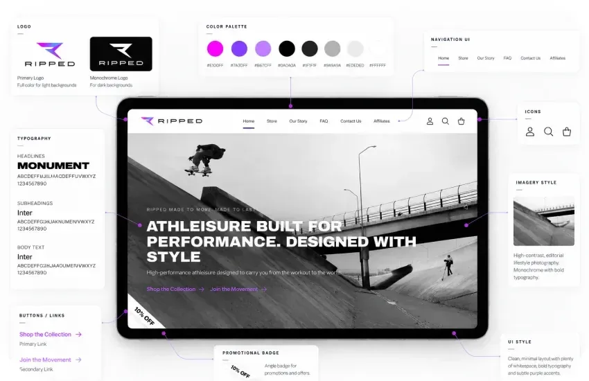 The RIPPED style guide around the home page on a tablet