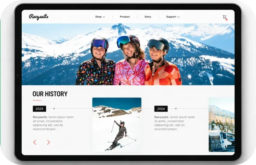 The Racysuits “Our History” page on a tablet