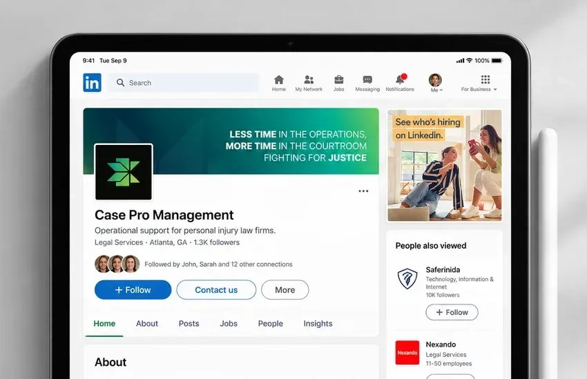 CasePro LinkedIn page on a tablet