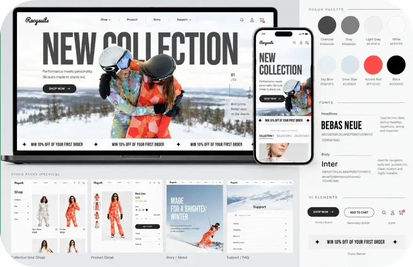 Racysuits page designs with the colour palette and type styles