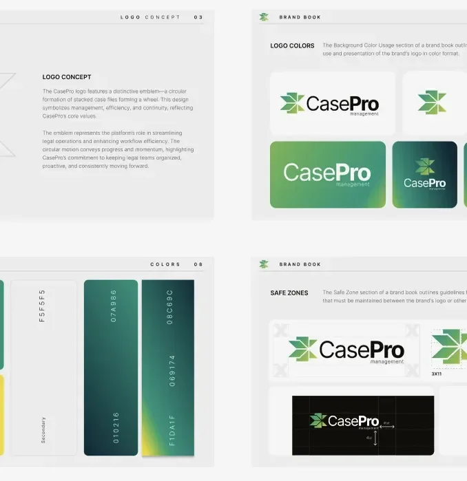 CasePro brand book pages showing the logo concept, colours and safe zones
