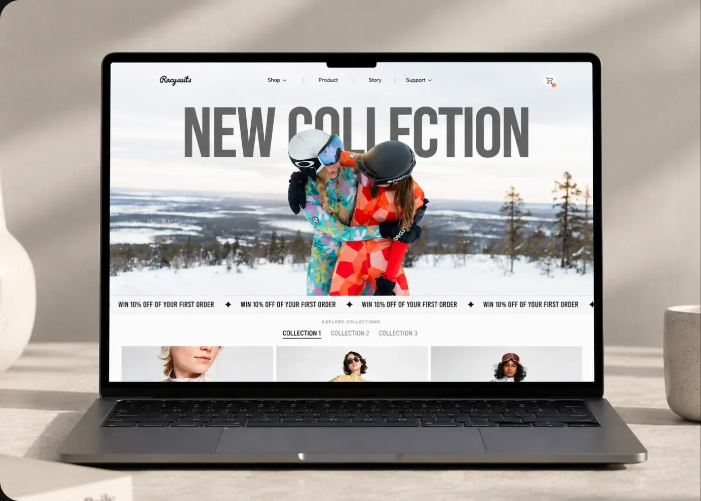 The new Racysuits home page on a laptop