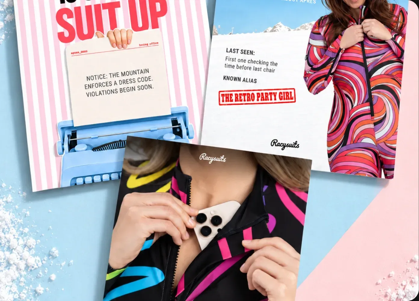 Racysuits brand collage: a retro “Suit Up” poster, a typewriter and a skier in a patterned suit