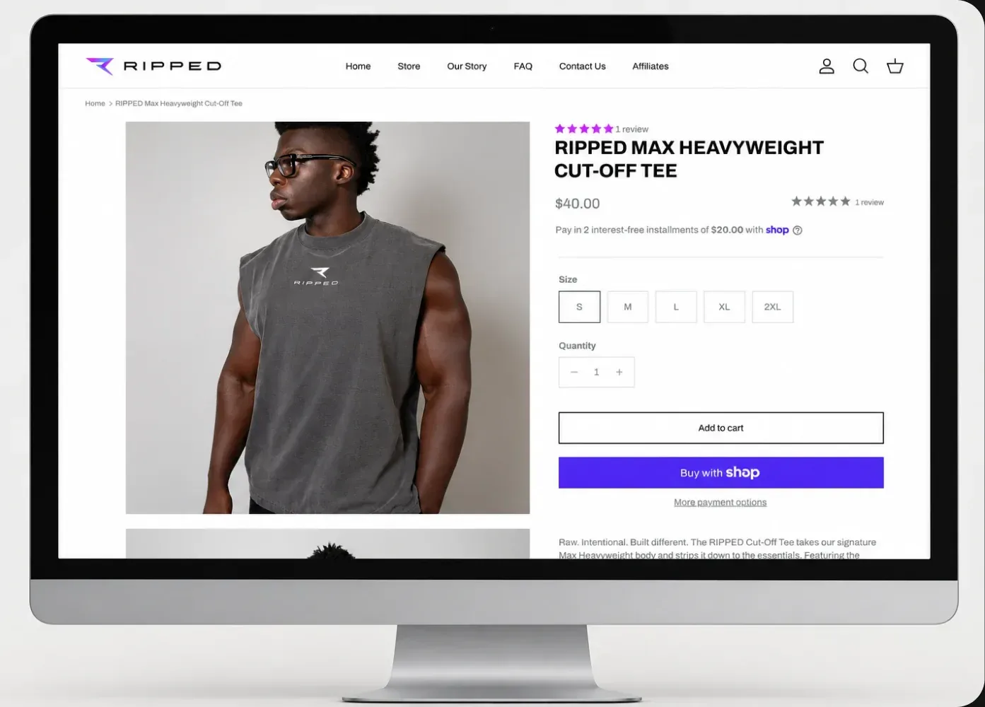 The RIPPED cut-off tee product page on a desktop screen