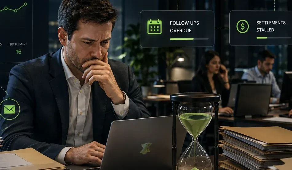 A lawyer working late at a desk, surrounded by case reminders