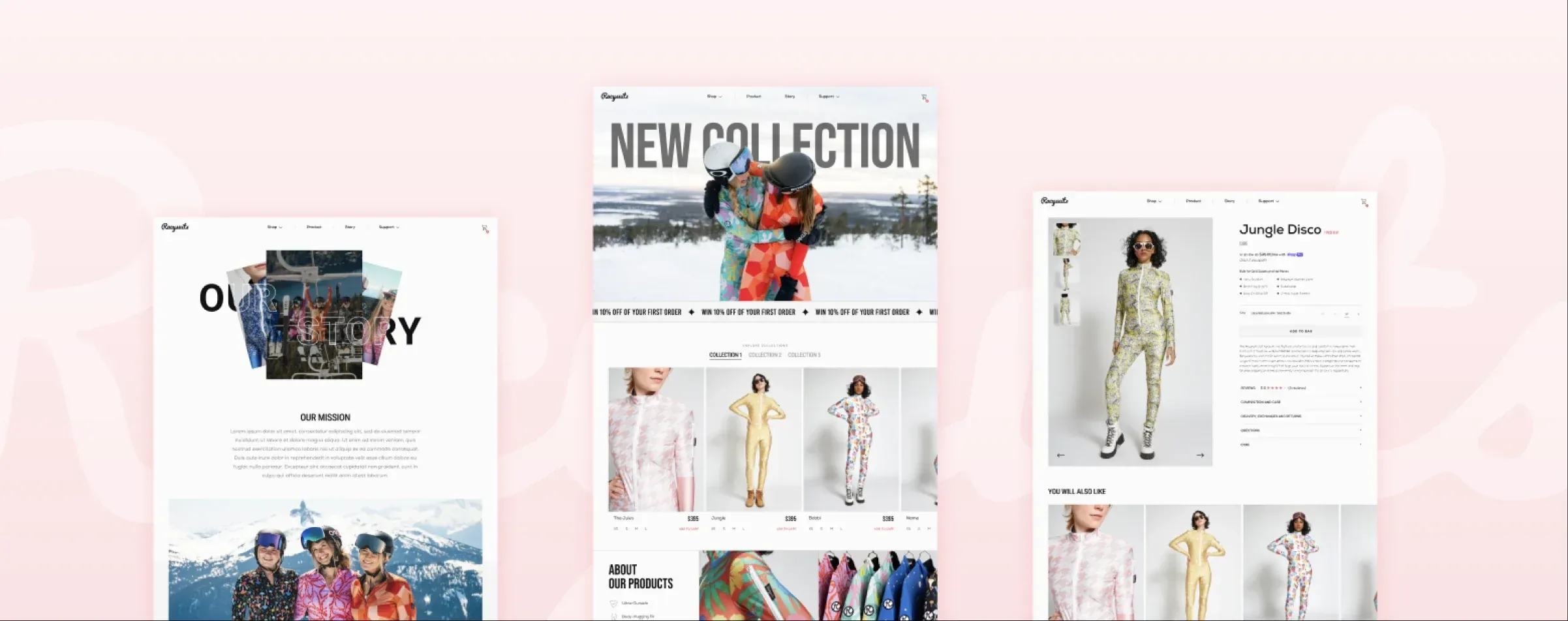 Racysuits website pages: the home page, the brand story and a product page