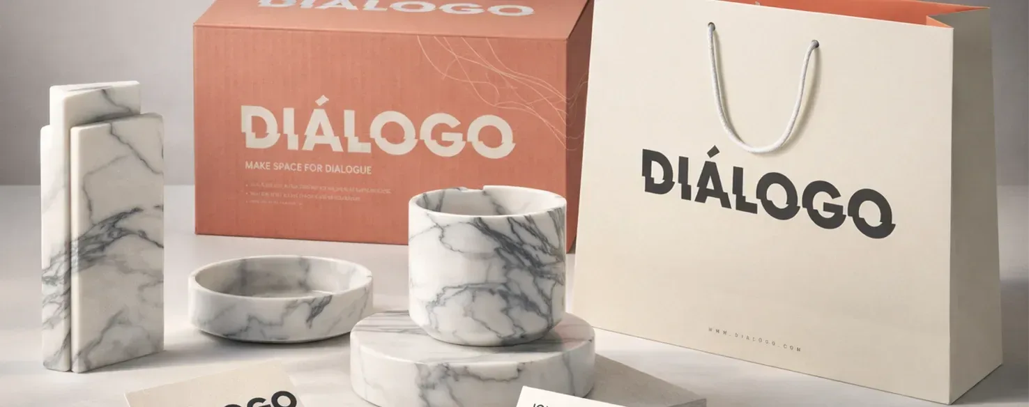 Dialogo branded box, shopping bag and marble pieces