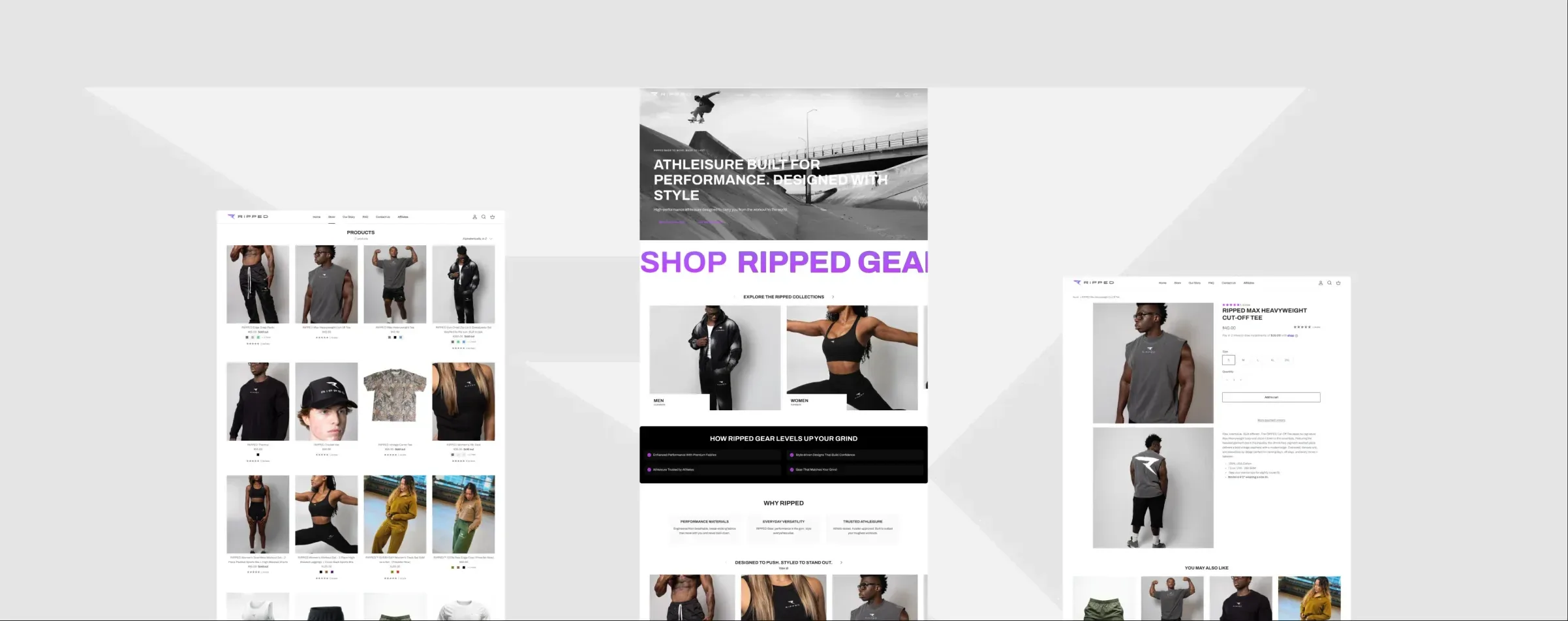 RIPPED store pages: a collection, the home page and a product page