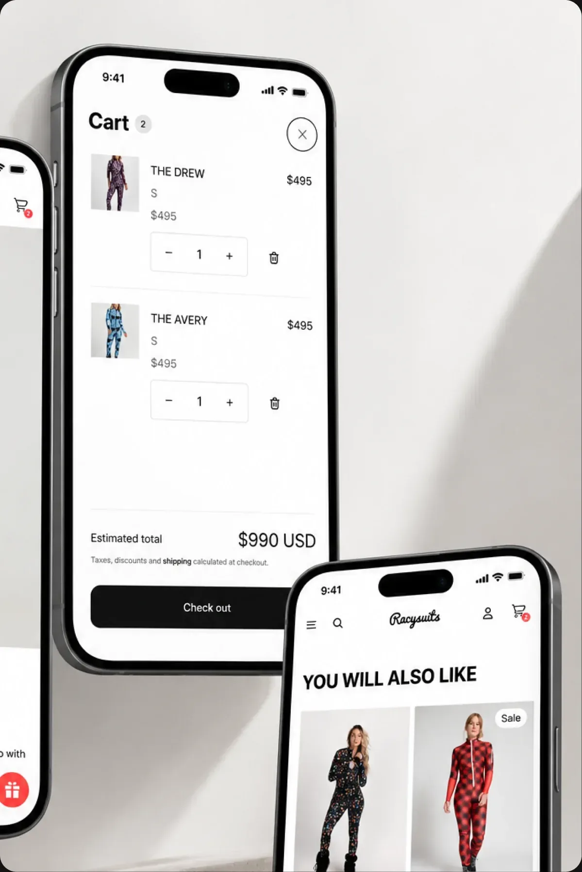 The Racysuits cart and product recommendations on two phones