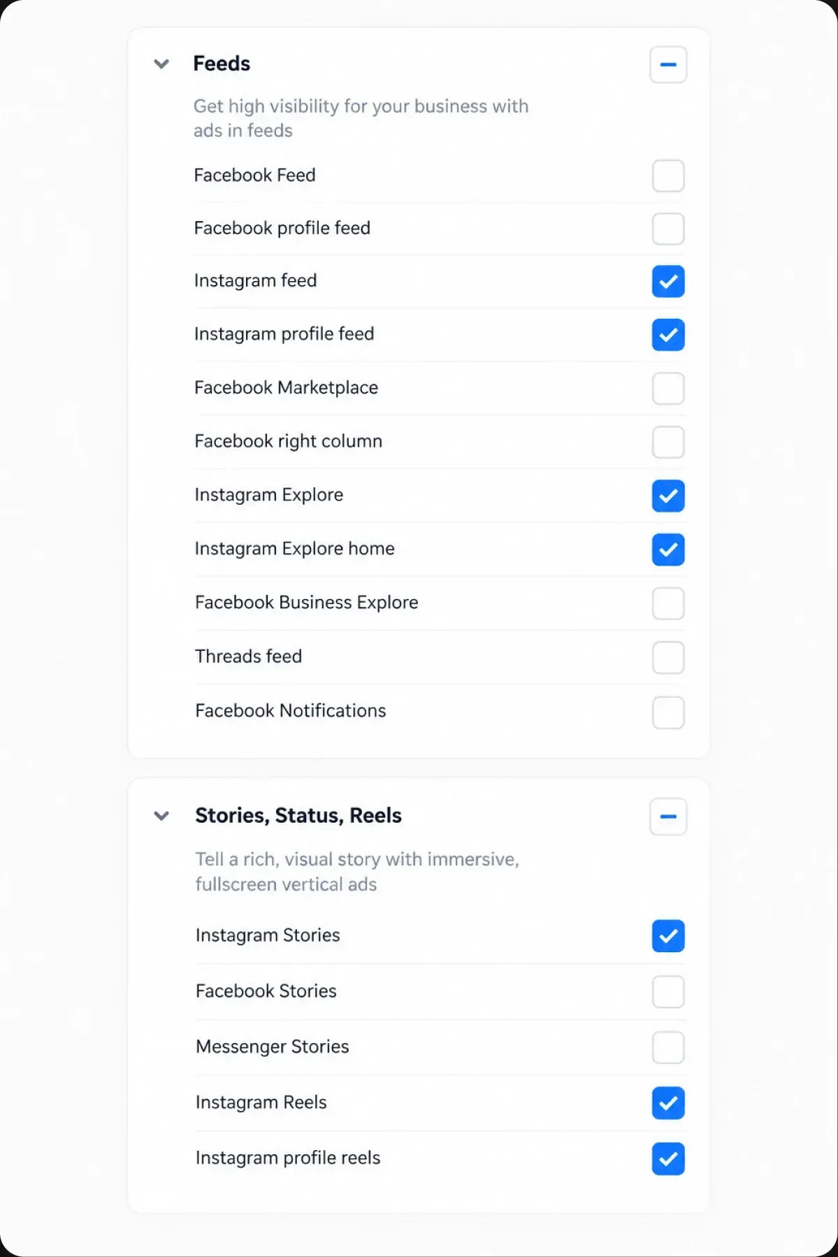 Meta placement settings with the Instagram feeds and stories selected