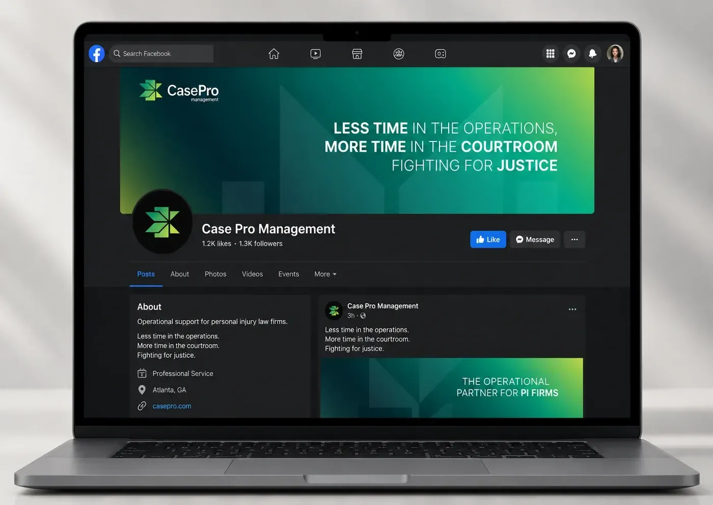 CasePro Facebook page on a laptop